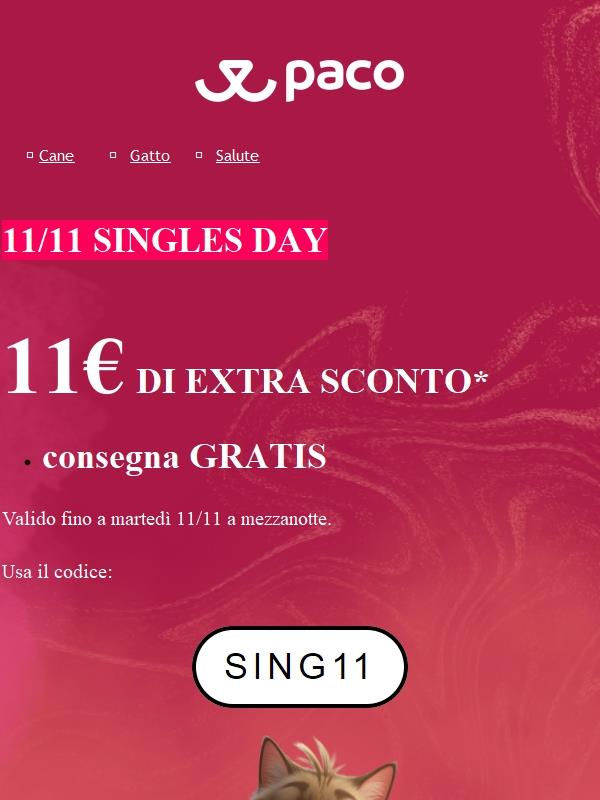 Singles Day: -11€ di extra sconto su Paco 🐱🐶
