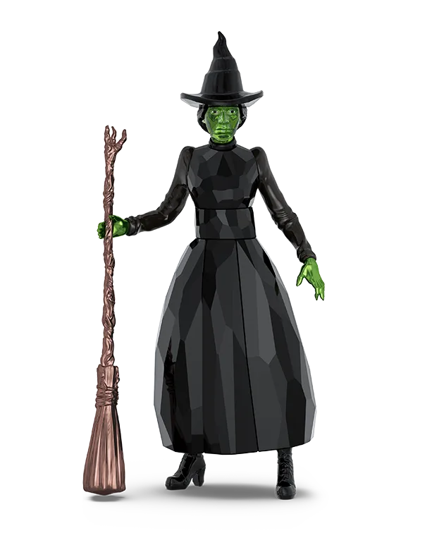 Personaggio di Elphaba con abito nero e carnagione verde