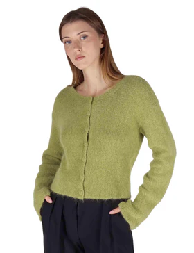 Cardigan in lana alpaca verde a girocollo Donna JABMF0025-G073 7013