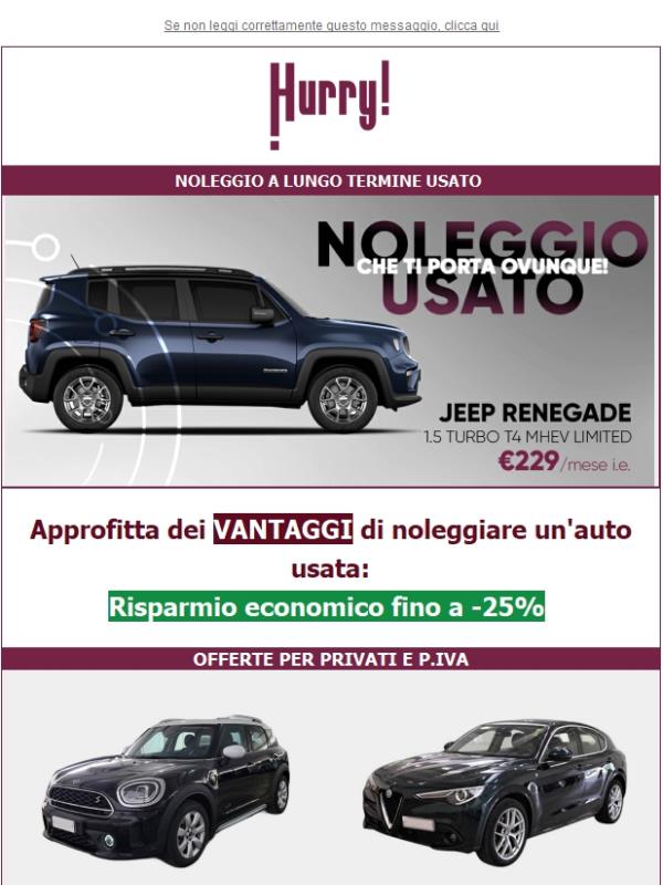 💲FINO al -25% sul NOLEGGIO DI UN' AUTO USATA🚘: Renegade, Countryman, Sportage, e tante altre!