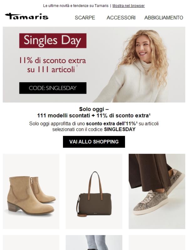 Offerta Singles Day 🤩 Sconto extra dell'11% su scarpe e borse selezionate!