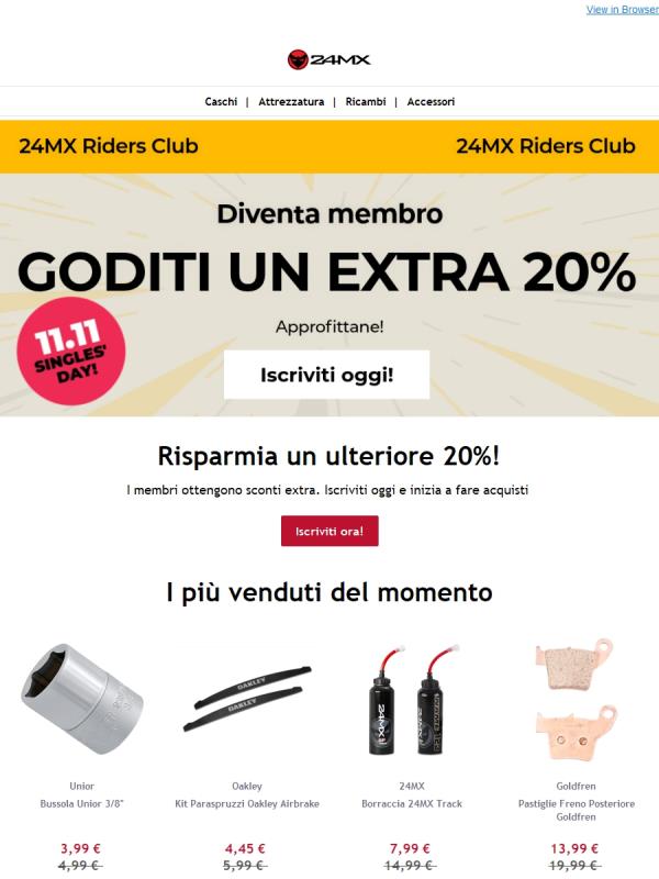 Singles' Day! Iscriviti a 24MX Riders Club e ottieni un codice sconto del 20%