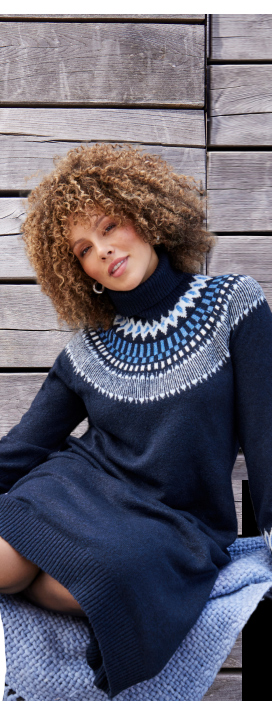 Abito di maglia in stile norvegese con collo da risvoltare e maniche lunghe