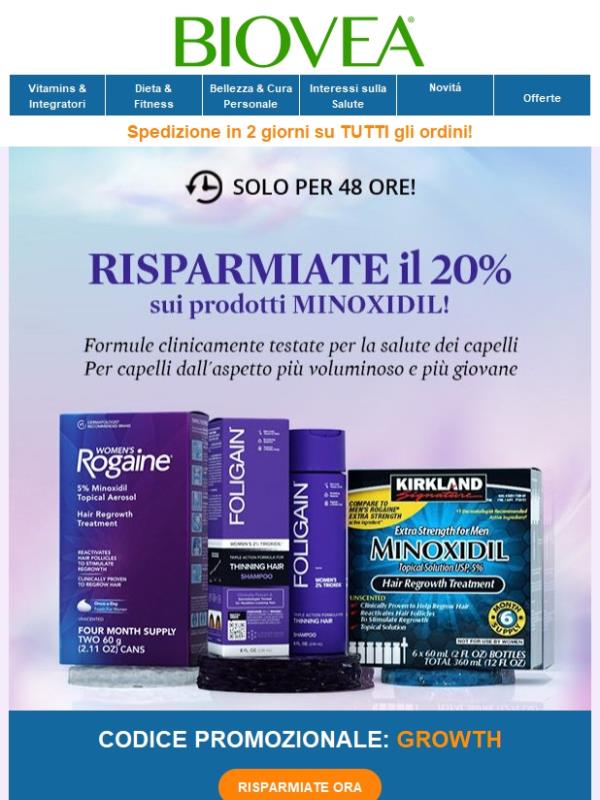 Offerta Minoxidil! Risparmiate il 20% sui nostri prodotti per la ricrescita dei capelli più venduti!