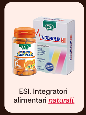 „Banner con prodotti ESI Multicomplex e Normolip 5. Testo: ‘ESI. Integratori alimentari naturali.’ Sfondo beige chiaro con bordi marroni.“