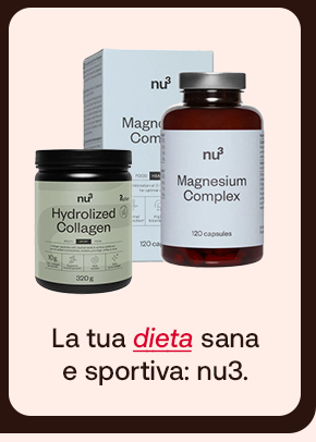 „Banner con prodotti nu3 Hydrolyzed Collagen e Magnesium Complex. Testo: ‘La tua dieta sana e sportiva: nu3.’ Sfondo beige con bordi marroni.“