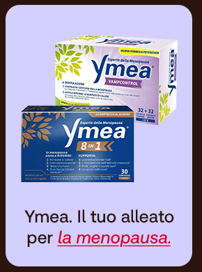 „Banner con confezioni Ymea 8 in 1 e Ymea Vampcontrol. Testo: ‘Ymea. Il tuo alleato per la menopausa.’ Sfondo lilla con cornice marrone.“