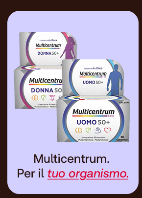 „Banner con confezioni Multicentrum Uomo 50+ e Donna 50+. Testo: ‘Multicentrum. Per il tuo organismo.’ Sfondo lilla con cornice marrone.“