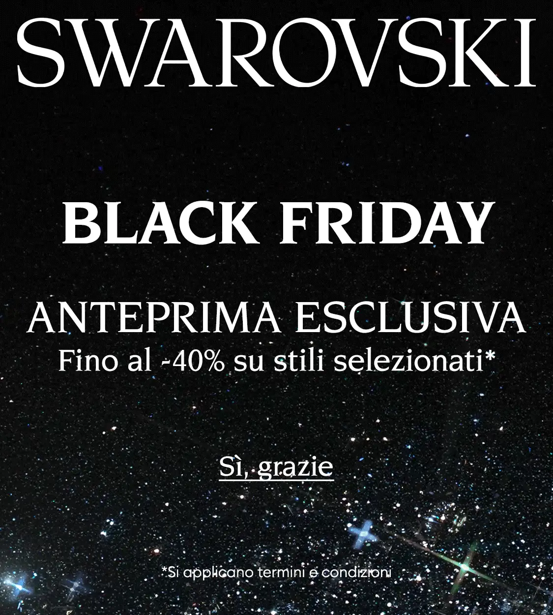 Anteprima esclusiva Black Friday Swarovski – sfondo nero scintillante