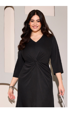 Abito midi con nodi decorativi, scollo a V e maniche a 3/4