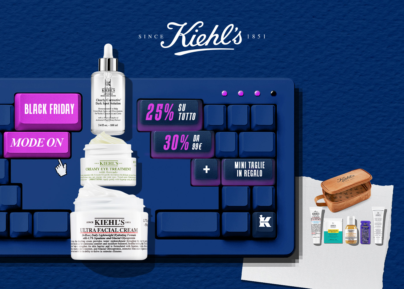 Immagine promozionale Kiehl’s per il Black Friday: tastiera blu con tasti rosa e viola che mostrano le scritte “Black Friday”, “25% su tutto”, “30% da 99€” e “mini taglie in regalo”. In primo piano i prodotti Kiehl’s Ultra Facial Cream, Creamy Eye Treatment con Avocado e Clearly Corrective Dark Spot Solution. A destra un set di mini taglie e un beauty case marrone. Questa immagine porta alla sezione promozionale del Black Friday Kiehl’s.