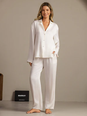 Image of 19Momme Seta Lavabile Maniche Lunghe Collo Notch Set Pigiama Donna