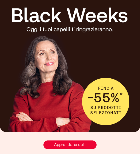 „Donna con capelli lunghi grigi indossa una felpa rossa e sorride. Testo: ‘Black Weeks. Oggi i tuoi capelli ti ringrazieranno.’ Bollino giallo con scritta: ‘Fino a -55% su prodotti selezionati.’ Pulsante rosso: Approfittane qui. Sfondo marrone scuro con base beige.“ „Donna con capelli lunghi grigi indossa una felpa rossa e sorride. Testo: ‘Black Weeks. Oggi i tuoi capelli ti ringrazieranno.’ Bollino giallo con scritta: ‘Fino a -55% su prodotti selezionati.’ Pulsante rosso: Approfittane qui. Sfondo marrone scuro con base beige.“