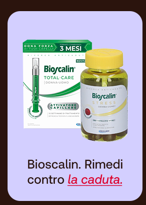 „Banner con prodotti Bioscalin Total Care e Bioscalin Stress. Testo: ‘Bioscalin. Rimedi contro la caduta.’ Sfondo lilla con bordi marroni.“ „Banner con prodotti Bioscalin Total Care e Bioscalin Stress. Testo: ‘Bioscalin. Rimedi contro la caduta.’ Sfondo lilla con bordi marroni.“