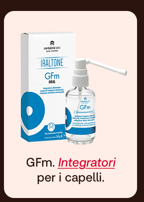 „Banner con prodotto Iraltone GFm Oral. Testo: ‘GFm. Integratori per i capelli.’ Sfondo beige chiaro con bordi marroni.“ „Banner con prodotto Iraltone GFm Oral. Testo: ‘GFm. Integratori per i capelli.’ Sfondo beige chiaro con bordi marroni.“