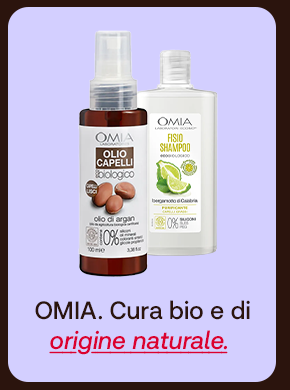 „Banner con Olio capelli biologico e Fisio Shampoo Omia. Testo: ‘Omia. Cura bio e di origine naturale.’ Sfondo lilla con bordi marroni.“ „Banner con Olio capelli biologico e Fisio Shampoo Omia. Testo: ‘Omia. Cura bio e di origine naturale.’ Sfondo lilla con bordi marroni.“