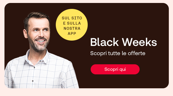 „Uomo sorridente su sfondo marrone scuro. Bollino giallo con testo: ‘Sul sito e sulla nostra app.’ Testo: ‘Black Weeks. Scopri tutte le offerte.’ Pulsante rosso: Scopri qui.“ Avène & La Roche-Posay – fino al -60% „Uomo sorridente su sfondo marrone scuro. Bollino giallo con testo: ‘Sul sito e sulla nostra app.’ Testo: ‘Black Weeks. Scopri tutte le offerte.’ Pulsante rosso: Scopri qui.“ Avène & La Roche-Posay – fino al -60%
