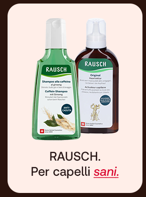 „Banner con shampoo Rausch alla caffeina e shampoo Original Hair Tonic. Testo: ‘Rausch. Per capelli sani.’ Sfondo beige con cornice marrone.“ „Banner con shampoo Rausch alla caffeina e shampoo Original Hair Tonic. Testo: ‘Rausch. Per capelli sani.’ Sfondo beige con cornice marrone.“