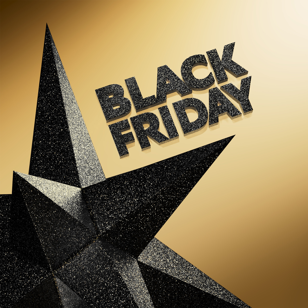 Una forma di stella geometrica nera scintillante occupa parzialmente la sinistra dell'immagine, con le parole "BLACK FRIDAY" in lettere nere scintillanti angolate in alto a destra, il tutto su uno sfondo dorato caldo.