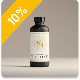 alt="Flacone di integratore Quicksilver Scientific The One con etichetta dorata e bianca su fondo neutro, con un badge giallo con uno sconto del 10%.»