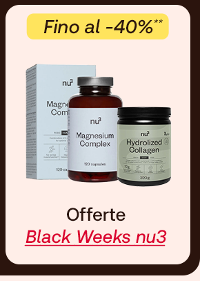 „Banner con prodotti nu3 Magnesium Complex e Hydrolyzed Collagen. Bollino giallo: ‘Fino al -40%.’ Testo: ‘Offerte Black Weeks nu3.’ Sfondo beige chiaro.“ „Banner con prodotti nu3 Magnesium Complex e Hydrolyzed Collagen. Bollino giallo: ‘Fino al -40%.’ Testo: ‘Offerte Black Weeks nu3.’ Sfondo beige chiaro.“