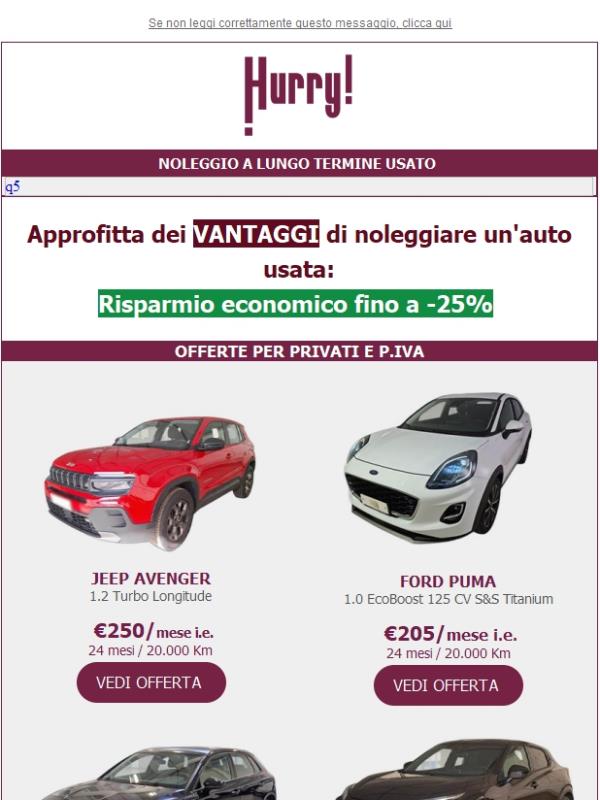 💲FINO al -25% sul NOLEGGIO DI UN' AUTO USATA🚘: Q5, Avenger, X1, e tante altre!