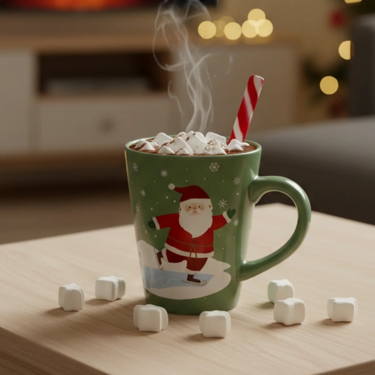 Mug with hot chocolate and candy cane spoon