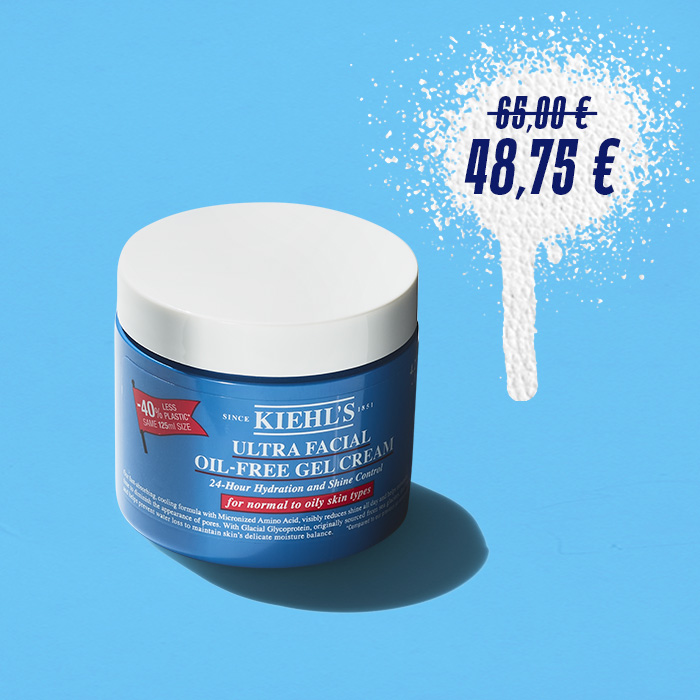Ultra Facial Oil-Free Gel Cream scontata: da 65€ a 48,75€, vasetto blu su sfondo azzurro.