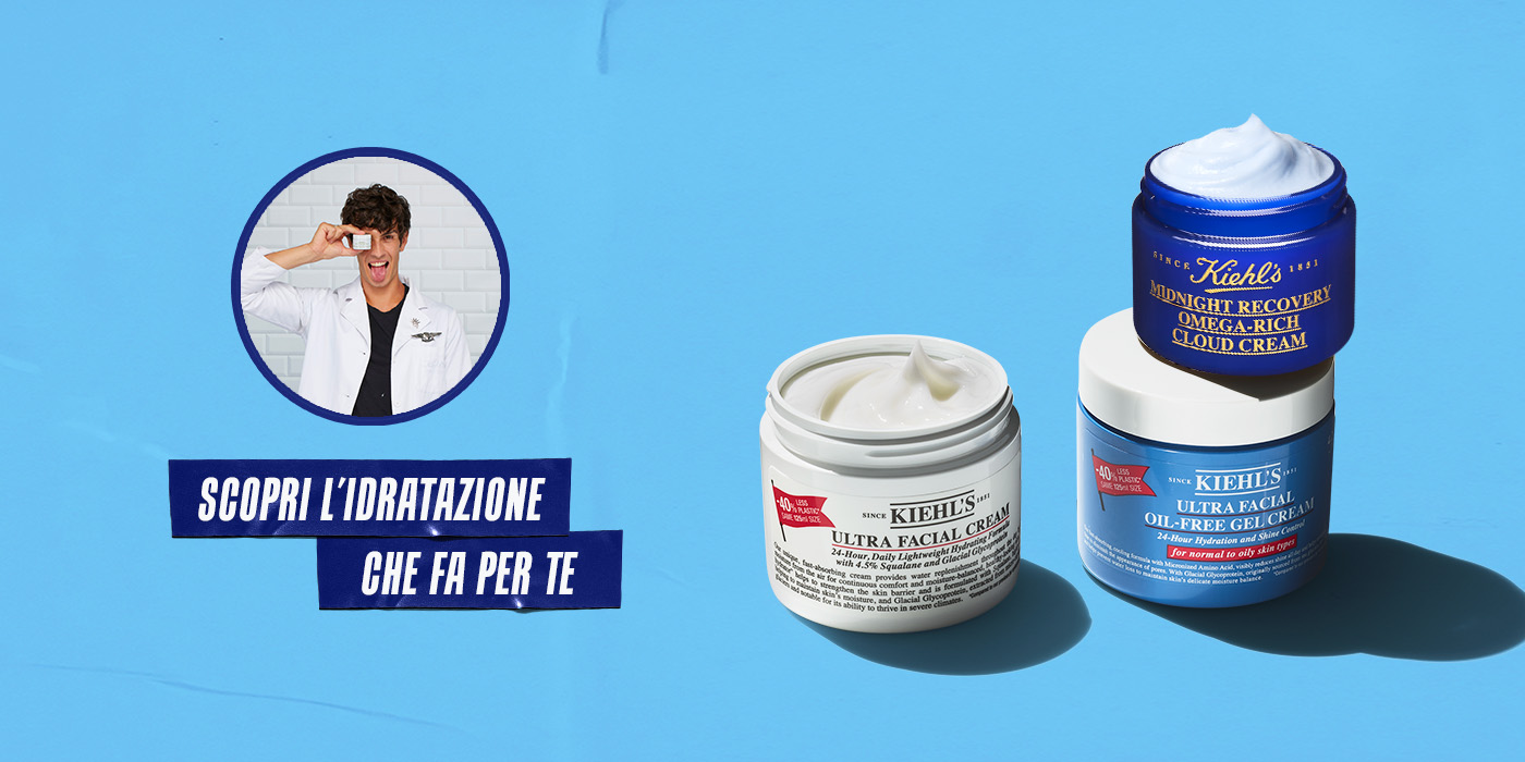 Banner dedicato all’idratazione Kiehl’s: a sinistra Alessandro, esperto Skincare Kiehl's, tiene un prodotto vicino all’occhio, al centro la scritta ‘Scopri l’idratazione che fa per te’, a destra tre creme Kiehl’s – Ultra Facial Cream, Ultra Facial Oil-Free Gel Cream e Midnight Recovery Omega-Rich Cloud Cream.