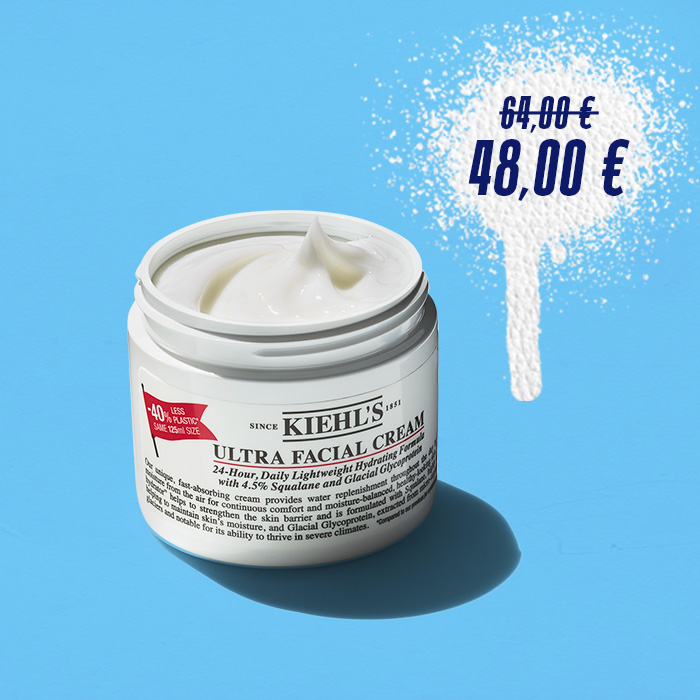 Ultra Facial Cream in sconto: da 64€ a 48€, vasetto bianco aperto su sfondo azzurro.