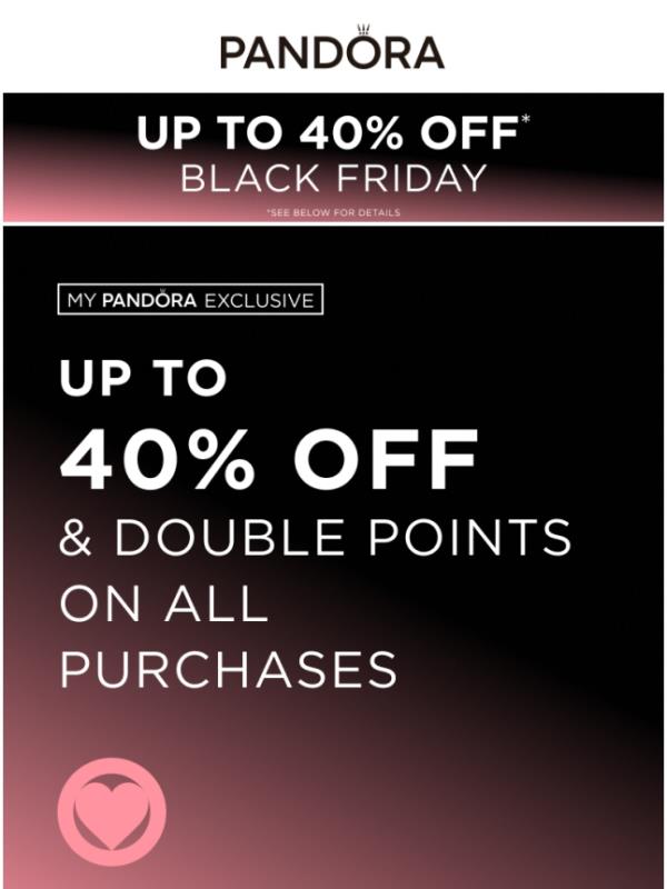 JUST IN: Up to 40% Off & 2X Points on ALL purchases for My Pandora members