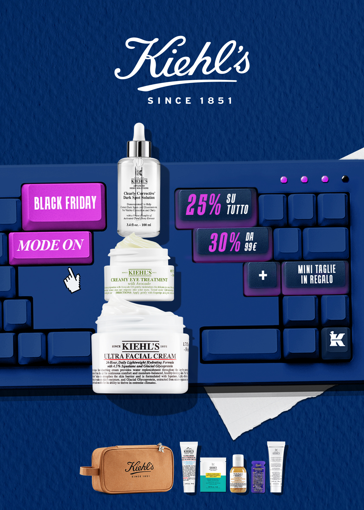 Immagine promozionale Kiehl’s per il Black Friday: tastiera blu con tasti rosa e viola che mostrano le scritte “Black Friday”, “25% su tutto”, “30% da 99€” e “mini taglie in regalo”. In primo piano i prodotti Kiehl’s Ultra Facial Cream, Creamy Eye Treatment con Avocado e Clearly Corrective Dark Spot Solution. A destra un set di mini taglie e un beauty case marrone. Questa immagine porta alla sezione promozionale del Black Friday Kiehl’s.