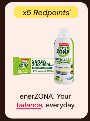 „Banner con prodotti enerZONA Snack e Omega 3 RX. Bollino giallo con testo: ‘x5 RedPoints’. Testo: ‘enerZONA. Your balance, everyday.’ Sfondo beige con cornice marrone.“ „Banner con prodotti enerZONA Snack e Omega 3 RX. Bollino giallo con testo: ‘x5 RedPoints’. Testo: ‘enerZONA. Your balance, everyday.’ Sfondo beige con cornice marrone.“