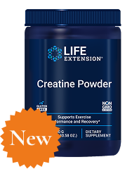 alt="Barattolo blu di creatina Life Extension in polvere con etichetta arancione «New», che rappresenta il miglioramento della forza, delle prestazioni e del supporto al recupero.»
