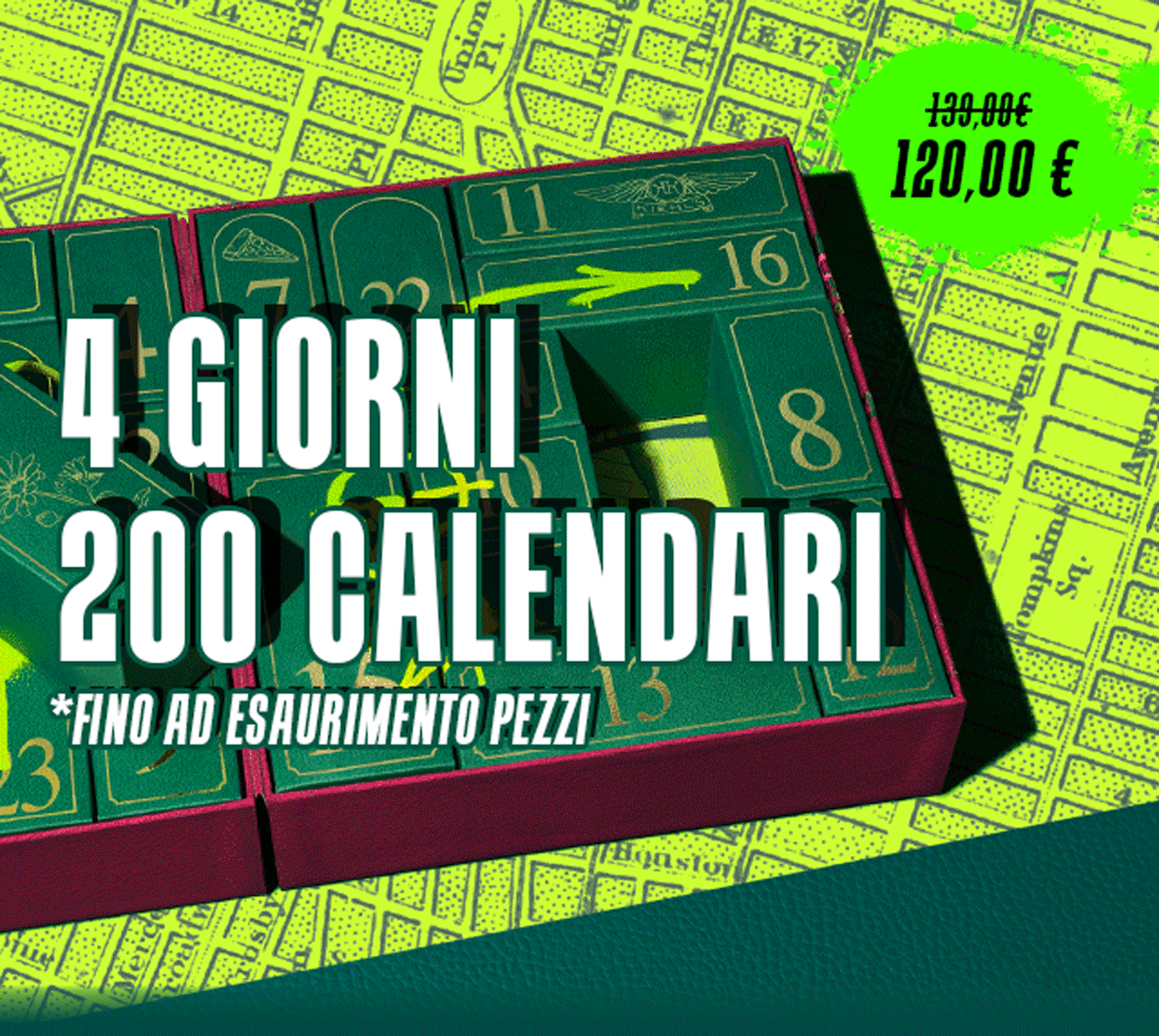 Animazione del Calendario dell'Avvento, da chiuso ad aperto, mostrando i vari prodotti che lo compongono