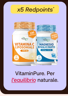 „Banner con prodotti VitaminPure Vitamina C Liposomiale e Magnesio Bisglicinato. Bollino giallo con testo: ‘x5 RedPoints’. Testo: ‘VitaminPure. Per l’equilibrio naturale.’ Sfondo beige con cornice marrone.“ „Banner con prodotti VitaminPure Vitamina C Liposomiale e Magnesio Bisglicinato. Bollino giallo con testo: ‘x5 RedPoints’. Testo: ‘VitaminPure. Per l’equilibrio naturale.’ Sfondo beige con cornice marrone.“