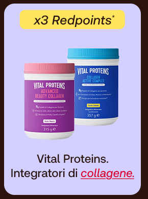 „Banner con prodotti Vital Proteins Advanced Beauty Collagen e Collagen Active Complex. Bollino giallo con testo: ‘x3 RedPoints’. Testo: ‘Vital Proteins. Integratori di collagene.’ Sfondo lilla con bordi marroni.“ „Banner con prodotti Vital Proteins Advanced Beauty Collagen e Collagen Active Complex. Bollino giallo con testo: ‘x3 RedPoints’. Testo: ‘Vital Proteins. Integratori di collagene.’ Sfondo lilla con bordi marroni.“