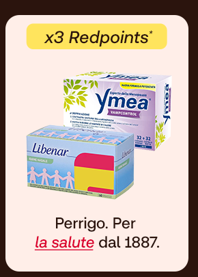 „Banner con confezioni Ymea Vampcontrol e Libenar. Bollino giallo: ‘x3 RedPoints’. Testo: ‘Perrigo. Per la salute dal 1887.’ Sfondo beige con bordi marroni.“ „Banner con confezioni Ymea Vampcontrol e Libenar. Bollino giallo: ‘x3 RedPoints’. Testo: ‘Perrigo. Per la salute dal 1887.’ Sfondo beige con bordi marroni.“
