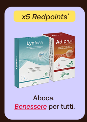 „Banner con confezioni Aboca Lynfase e Adiprox Advanced. Bollino giallo: ‘x5 RedPoints’. Testo: ‘Aboca. Benessere per tutti.’ Sfondo lilla con bordi marroni.“ „Banner con confezioni Aboca Lynfase e Adiprox Advanced. Bollino giallo: ‘x5 RedPoints’. Testo: ‘Aboca. Benessere per tutti.’ Sfondo lilla con bordi marroni.“