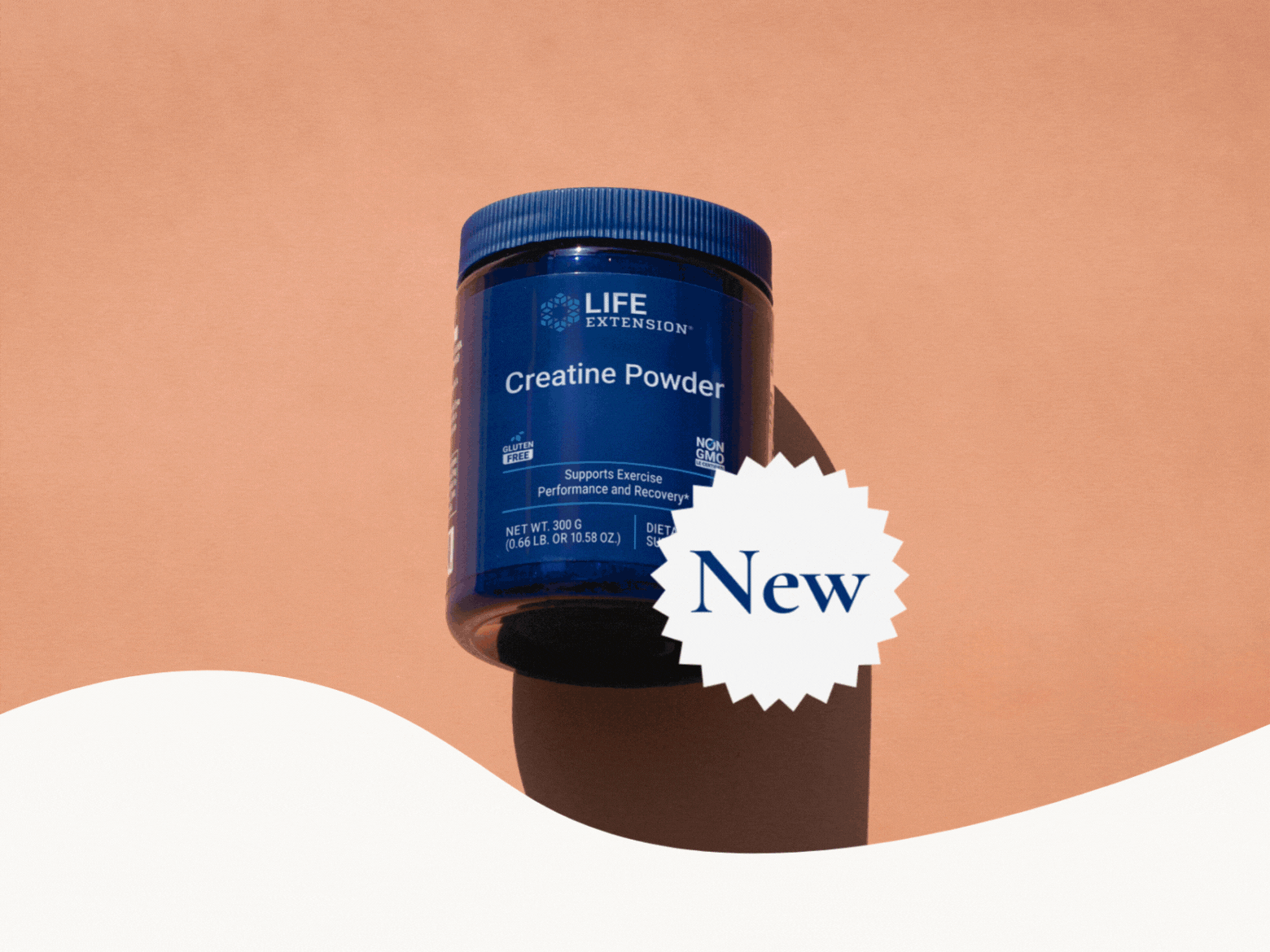 alt="Banner animato che mostra i nuovi prodotti di Life Extension: Creatine Powder, GABA e Youthful Gut, su un caldo sfondo color pesca con un badge con la scritta 'New' per evidenziare il lancio del prodotto.»