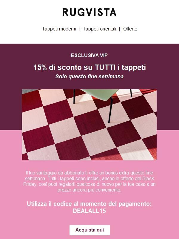 Esclusiva VIP: 15% su TUTTI i tappeti  👑🛍️