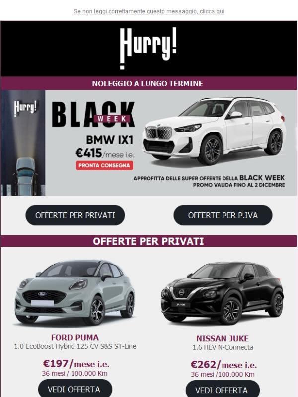 SUPER SCONTI per la BLACK WEEK di HURRY! Noleggio da 197€/mese 🚘 solo fino al 2 Dicembre!