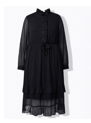 Abito midi dal taglio svasato con ruche, collo alto e maniche lunghe