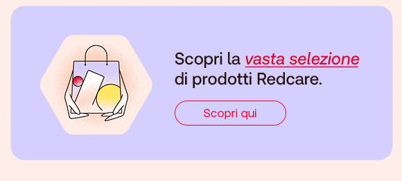 „Illustrazione di una busta della spesa con mani e sole stilizzato. Testo: ‘Scopri la vasta selezione di prodotti Redcare.’ Pulsante rosso: Scopri qui. Sfondo lilla.“