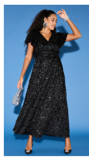 Abito da sera con paillettes, frange, scollo a V e mezze maniche