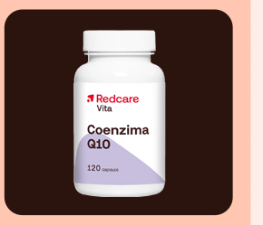 „Flacone di Redcare Coenzima Q10, 120 capsule. Sfondo marrone con bordi salmone.“