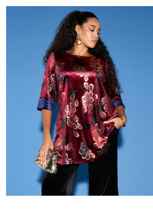 Tunica di velluto con stampa, scollo a barca e maniche a 3/4