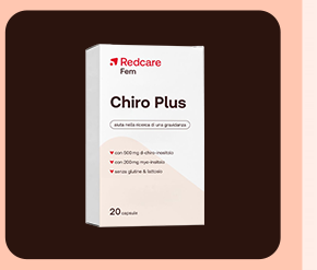 „Confezione Redcare Fem Chiro Plus, 20 capsule. Sfondo marrone con bordi salmone.“
