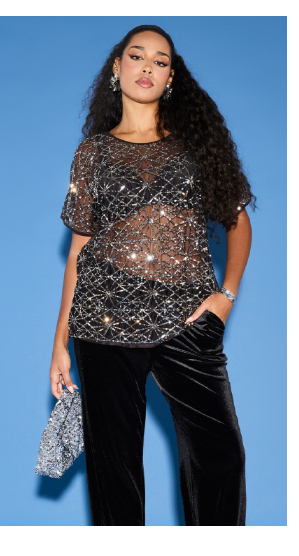 Blusa dal taglio smanicato e oversize in mesh con paillettes e scollo a girocollo