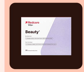 „Confezione Redcare Vita+ Beauty, 30 flaconcini monodose. Sfondo marrone con cornice salmone.“